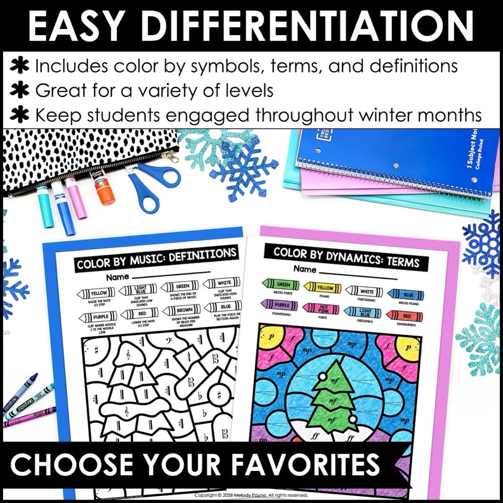 Winter Color by Music Coloring Pages - Notes, Symbols, Rhythm, Dynamics, Piano 3 Winter Color by Music Coloring Pages - Notes, Symbols, Rhythm, Dynamics, Piano