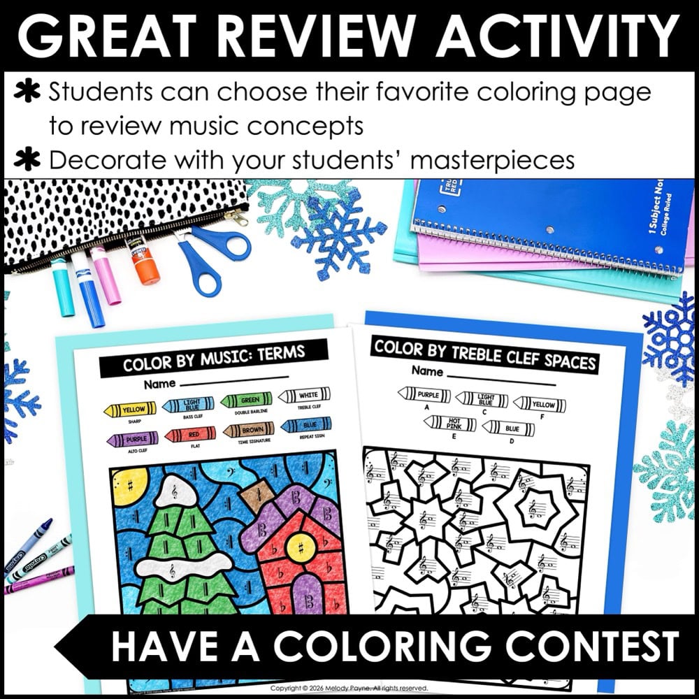 Winter Color by Music Coloring Pages - Notes, Symbols, Rhythm, Dynamics, Piano 4 Winter Color by Music Coloring Pages - Notes, Symbols, Rhythm, Dynamics, Piano