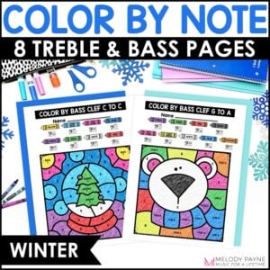Winter Color by Note Music Coloring Pages - Treble & Bass Clef Note Reading