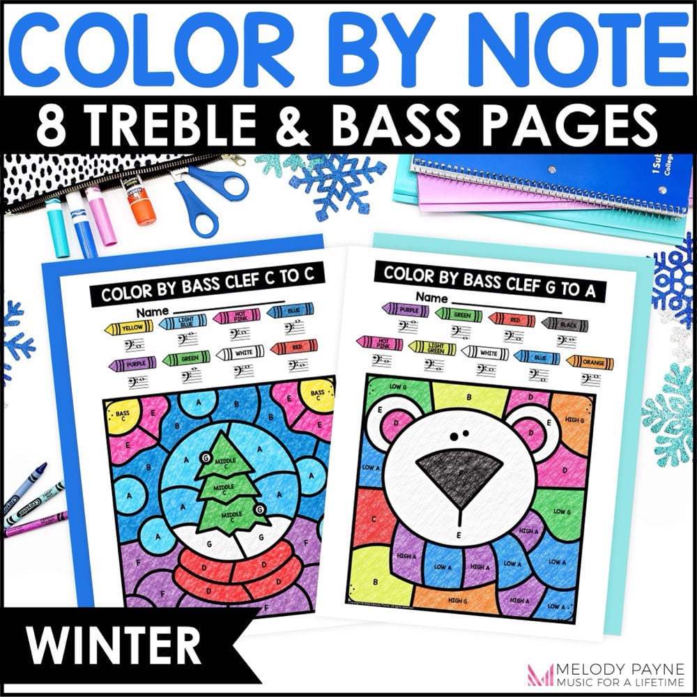 Winter Color by Note Music Coloring Pages - Treble & Bass Clef Note Reading